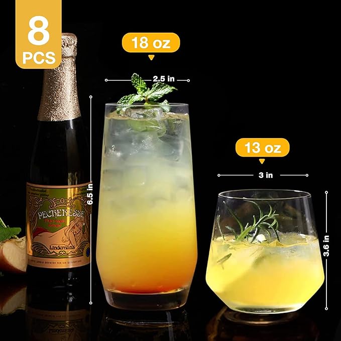 Mfacoy Drinking Glasses Set of 8-4 Tall Glass Cups 18 oz & 4 Short Stemless Wine Glasses 13 oz, Highball Glasses, Glassware Sets for Cocktail, Beer, Wine, Whiskey, Water & Juice Drinkware - Image 3