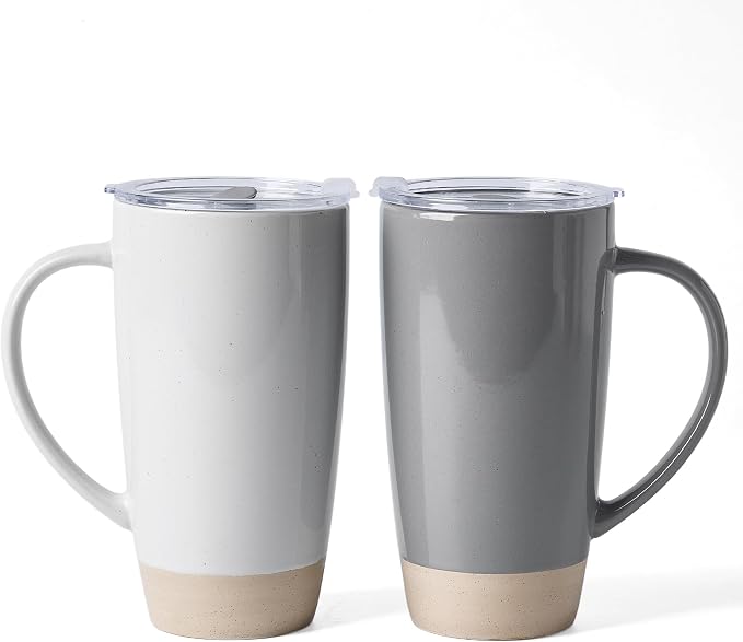 famiware Milkyway Coffee Mugs, 20oz Large Coffee Mug, Ceramic Mug Set of 2 with Lid, Cup Set with Handle for Latte, Tea, Cocoa, Milk, Home & Office, Light Gray and Dark Gray by Famiware