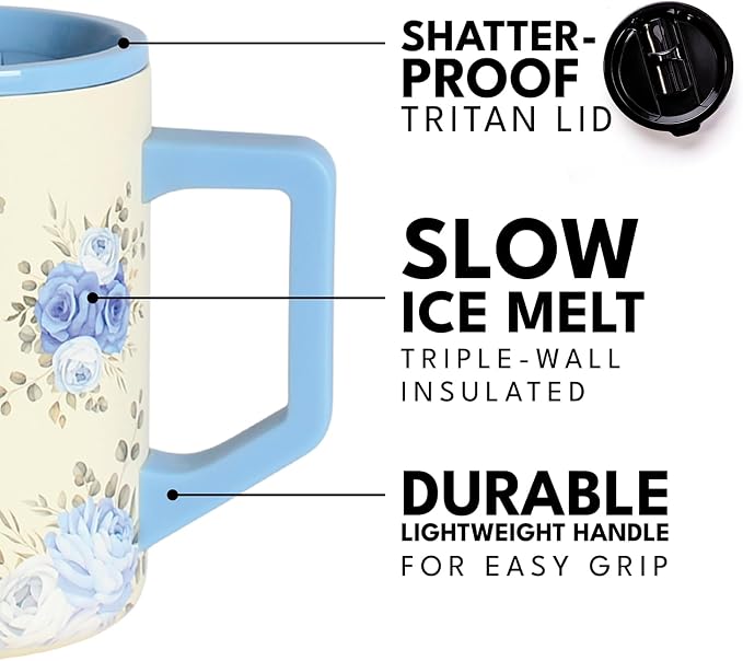Elemental Insulated Coffee Mug - Triple-Wall Stainless Steel Summit Travel Cup for Hot and Cold Drinks - Thermal Coffee Mug with Lid and Handle for Camping, Office & Travel 16oz - Blue Blooms - Image 5