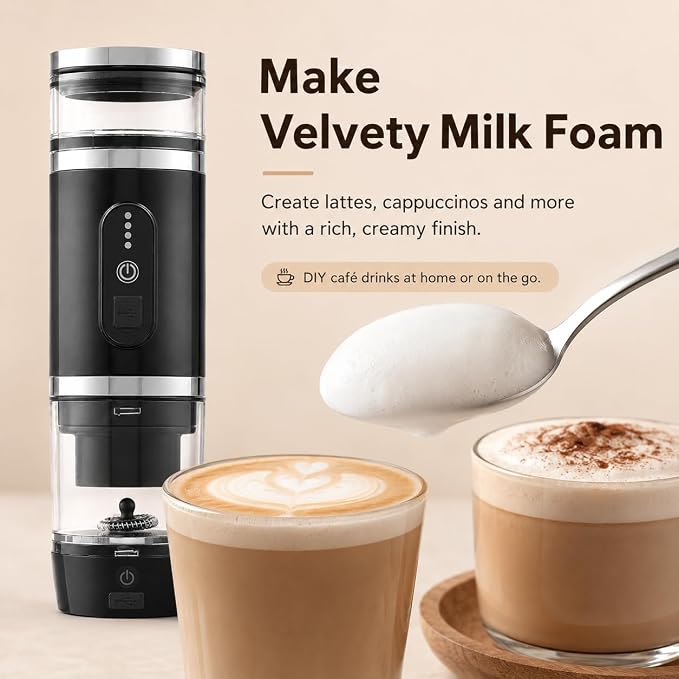 welsteepse Portable Coffee Maker for Ground Coffee & Capsules, Self-Heating Travel Coffee Machine with 20 Bar Pressure and Milk Frother for Car, Office, Hotel, Camping and Business Trips - Image 3