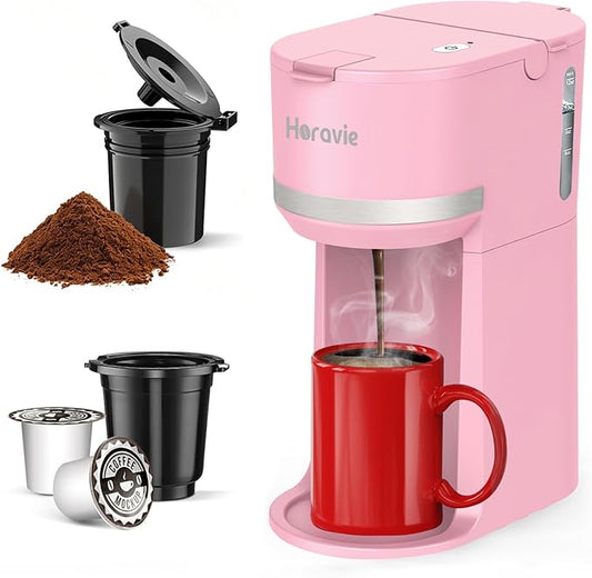 Horavie Mini Single Serve Coffee Maker for K-Cup Pod and Grounds, Fast Brew One Cup Coffee Machine with Descaling Reminder and Water Window, 6 to 12 oz. Brew Sizes, Pink by Horavie