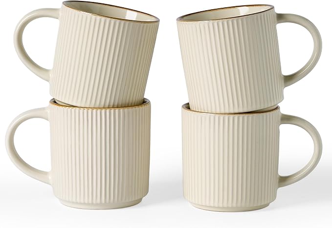famiware Coffee Mug Set for 4, Star 12 oz Catering Mugs Cup Set with Handle for Coffee, Tea, Cocoa, Milk - Ceramic Stoneware Drinkware Set, Vanilla White by Famiware