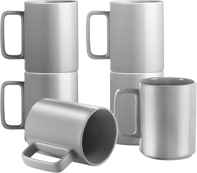 E-liu Large 15 Ounces Porcelain Coffee Mug Tea Mugs Set of 6 | Cups for Coffee, Tea, Cocoa, and Mulled Drinks , Dishwasher & Microwave Safe Gift Sets, Grey by Creatingwarmandrefinedlifestylekitchenandhomeessentials