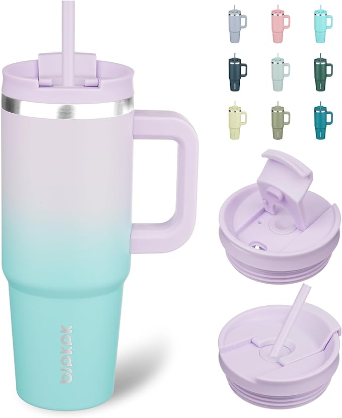 BJPKPK 30 oz Insulated Tumbler with Handle & Straw, Stainless Steel | Double Wall Vacuum Insulation, Leak Proof, BPA Free, Dishwasher Safe, Cupholder Friendly, Travel & Outdoor, Lavender Green by BJPKPK