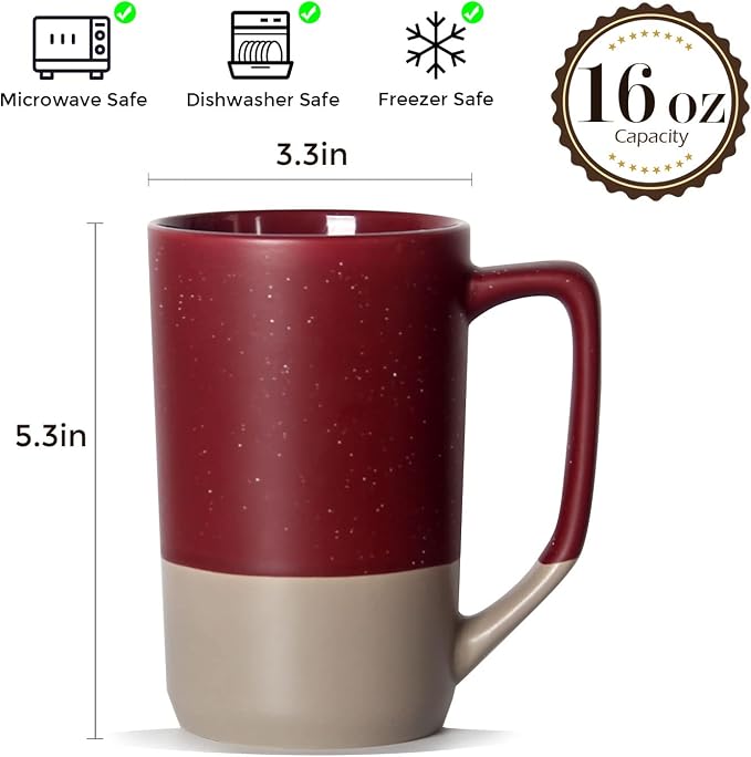 16 OZ Large Coffee Mug, Two Color Combination Big Ceramic Tea Cup with Square Handle with White Speckled for Men Women Restaurant Home Office Hot Drinks, Red - Image 2