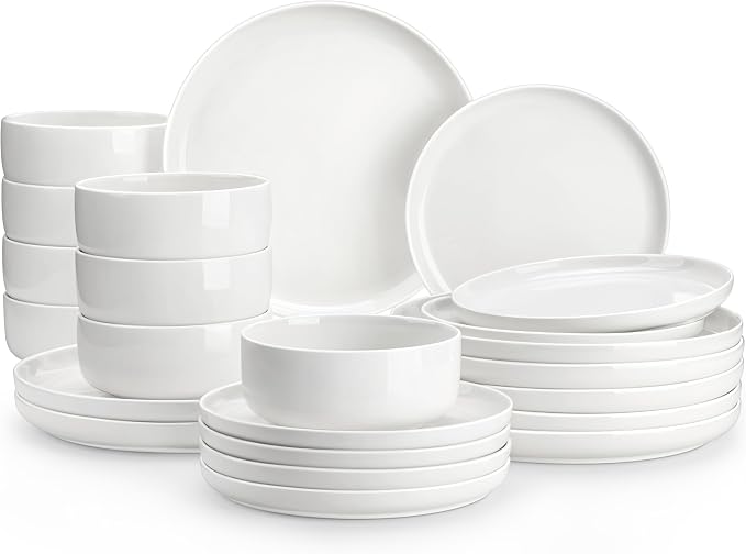 MALACASA Plates and Bowls Sets, 24 Pieces Modern Porcelain Dinnerware Set for 8, Ceramic Dishware Dishes White Kitchen Dinner Dining Ware Set, Microwave and Dishwasher Safe, Series LUNA | Modern Ceramic Dishware,Kitchen Dining Ware,Microwave and Dishwa... by MALACASA