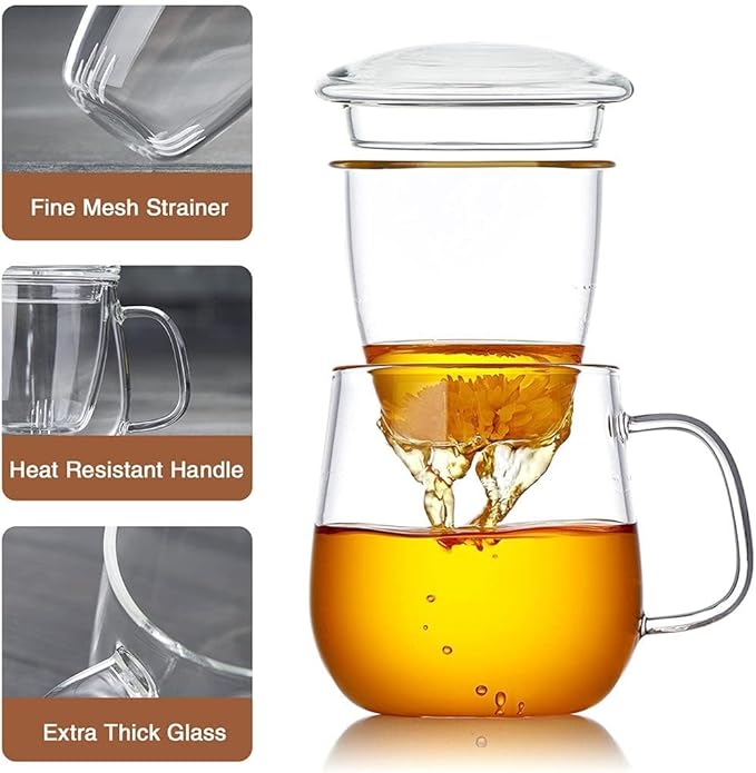 Glass Teacups 24 Pack Glass Tea Cup with Infuser and Lid, 17.6oz/520ml Large Borosilicate Teacup,Tea Clear Mug Cup for Loose Leaf Blooming Tea, Microwave & Dishwasher Safe
