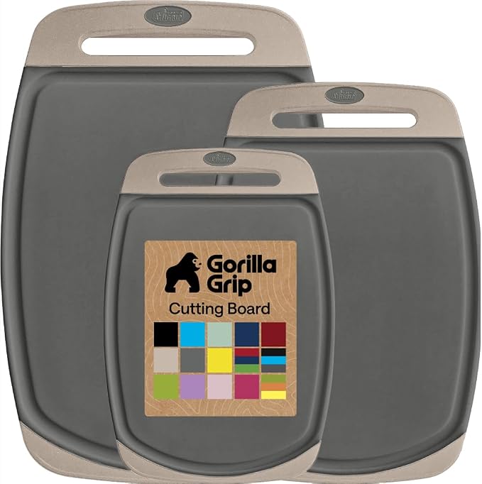 GORILLA GRIP BPA-Free Reversible Kitchen Cutting Board Set of 3, US Designed, Nonporous, Juice Grooves Catch Liquid, Slip Resistant Border, Dishwasher Safe, Durable Food Chopping Boards, Gray Almond by Unknown