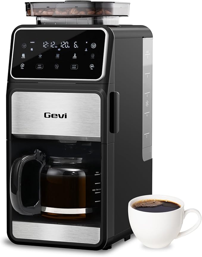 Gevi 10-Cup Grind & Brew Drip Coffee Maker with Built-In Burr Grinder | 24-Hour Programmable Timer, Touch Screen Control, 4-Hour Warm Plate, Permanent Filter with Original Glass Coffee Carafe by Gevi