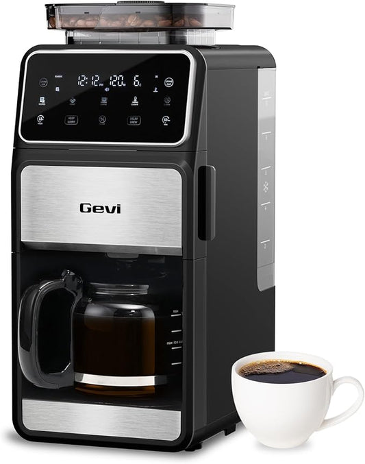 Gevi 10-Cup Grind & Brew Drip Coffee Maker with Built-In Burr Grinder | 24-Hour Programmable Timer, Touch Screen Control, 4-Hour Warm Plate, Permanent Filter with Original Glass Coffee Carafe by Gevi