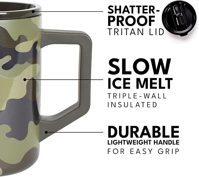 Elemental Insulated Coffee Mug - Triple-Wall Stainless Steel Summit Travel Cup for Hot and Cold Drinks - Thermal Coffee Mug with Lid and Handle for Camping, Office & Travel 16oz - Dark Green Camo - Image 5