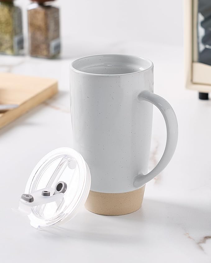 famiware Milkyway Coffee Mug, 20oz Large Coffee Mug, Ceramic Mug with Lid, Tea Cup with Handle for Latte, Tea, Cocoa, Milk, Home & Office, Light Gray - Image 8