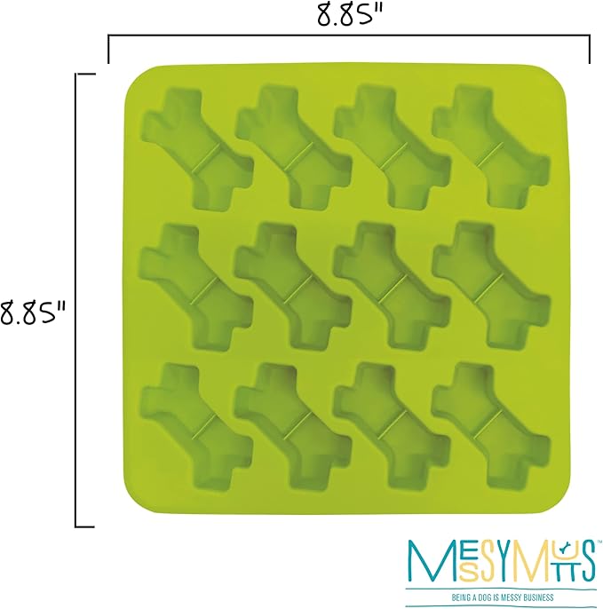 Messy Mutts Silicone Bake & Freeze Treat Making Mold | 2 Pack | 12 Bone Shaped 1 oz Molds | 9" x 9" Tray | Dishwasher, Freezer, Oven Safe | Blue/Green
