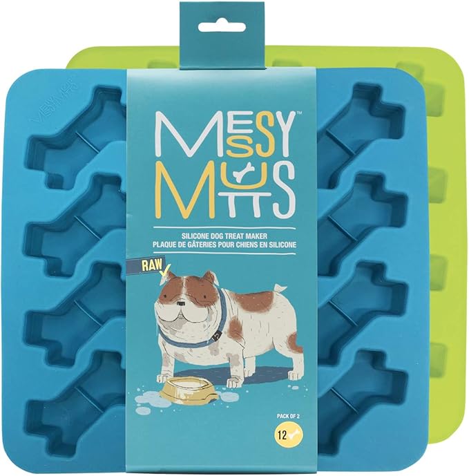 Messy Mutts Silicone Bake & Freeze Treat Making Mold | 2 Pack | 12 Bone Shaped 1 oz Molds | 9" x 9" Tray | Dishwasher, Freezer, Oven Safe | Blue/Green
