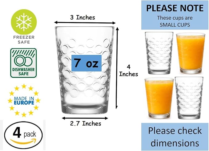 BOHEM'S Small Juice Glasses, Clear Glass Cups Tumblers, 7 Oz, Drinking Glassware for Orange Juice, Water, Milk, Coffee, Perfect for Tasting and Small Portions, Set of 4 (Style 2) - Image 5