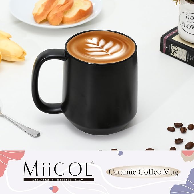 Miicol Ceramic Coffee Mug, 16 oz Large Coffee Cup, Tea Mug with Handle, Flat Bottom Mug for Men, Women, Office, Microwave and Dishwasher Safe, Multi-Color, Black - Image 2