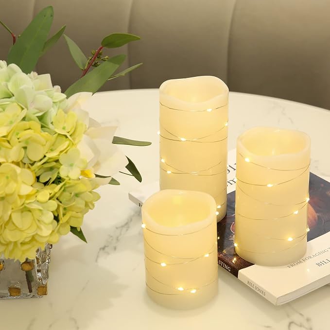 H-BLOSSOM Flickering Flameless Candles Ivory Real Wax Pillar with Embedded String Lights LED Candles Battery Operated with Cycling 5H Timer Set of 3 (3" x 4"/5"/6") (Ivory) - Image 5
