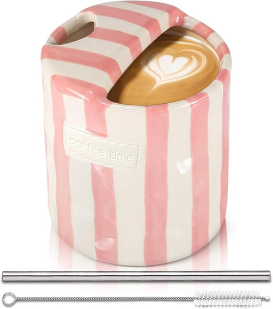 1 Pack Ceramic Coffee Mug with Sip Hole Espresso Cup 10oz with Straws Retro Hand Painted Striped Ceramic Iced Coffee Tea Travel Mug Latte Cup for Kitchen Dining (Simple,Pink) by Ferrochef