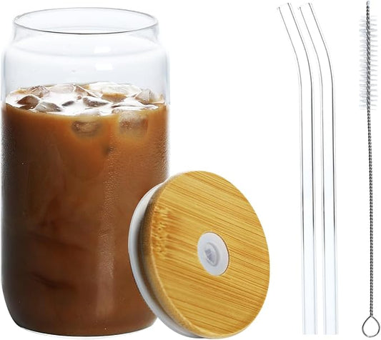 glass 16 ounces (approximately 453.6 grams), 1 glass with lid and straw - coffee cup, water, beer, cute tea, gift -1 cleaning brush, 2 straw