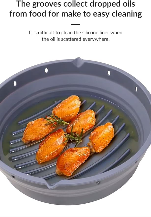 Reusable Silicone Air Fryer Liner –2pcs (Round+Square), Collapsible, Oil-Draining Design, Food-Grade, Non-Stick, Heat Resistant, Dishwasher Safe – Fits 5–8 QT Baskets (black)