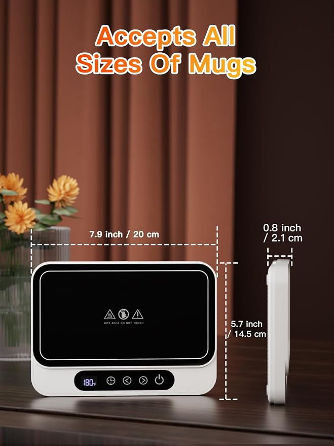 Misby Mug Warmer, 50W Large Heating Panel Coffee Mug Warmer with 6-Temp Settings, 8H Auto Shut-Off, 12H Timer, Ultra-Thin Design, Coffee Cup Warmer for Desk, Ideal for Home, Office, Travel (White) - Image 9