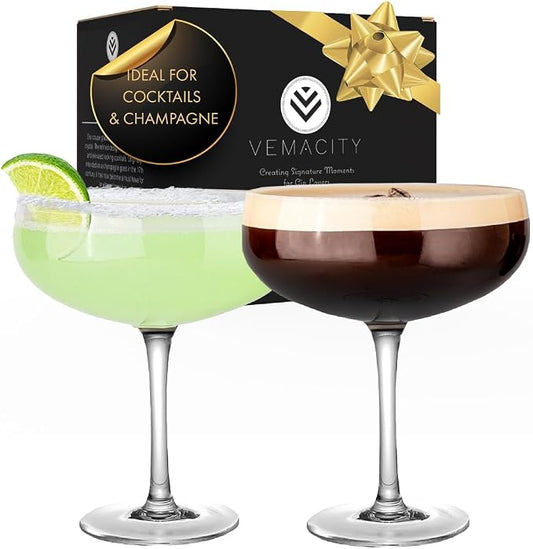 VEMACITY - Elegant Handblown Coupe Cocktail Glasses Set of 2 (10oz) - Crystal Espresso Martini Glasses, Champagne Saucers - Vintage Glassware | Wedding Gift | Ideal for Martinis and Margaritas by Vemacity
