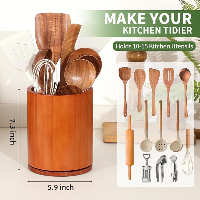 Wood Utensil Holder, 360° Rotating 7.3 in Kitchen Organizer | Rustic farmhouse countertop decor. 360° rotating base holds spatulas, ladles, tongs, and cooking tools. Rich cherry finish - Image 2
