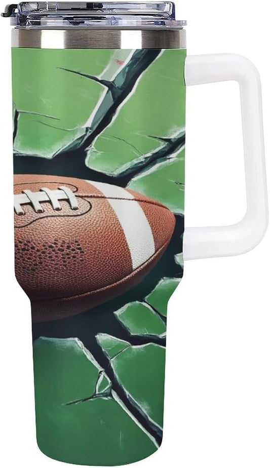 Football Impact on Cracked Glass Tumbler with Handle Insulated Water Travel Coffee Mug Bottle with Lid And Straw Stainless Steel Leak Proof Vacuum Insulated Cup 40 OZ