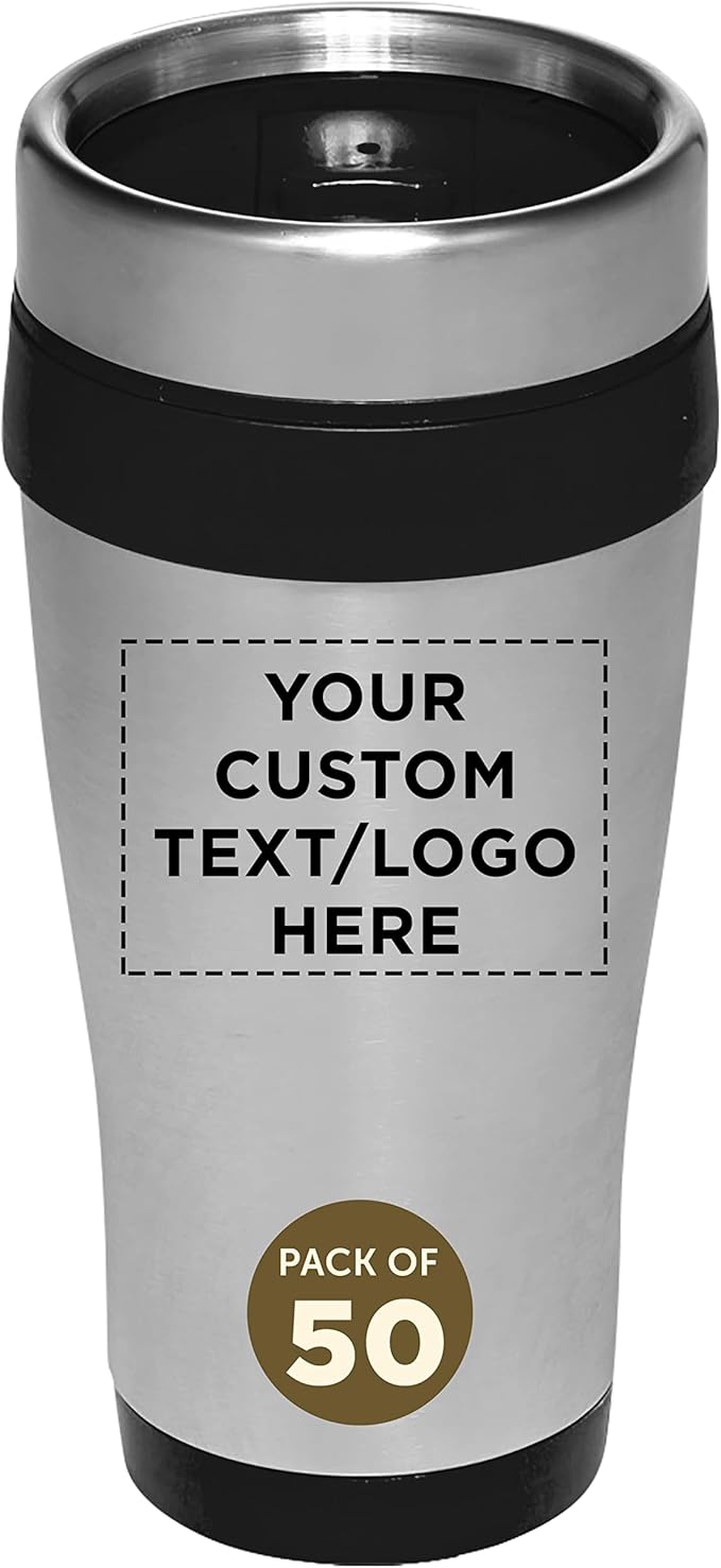 Custom Insulated Stainless Steel Travel Mugs 16 oz. Set of 50, Personalized Bulk Pack - Perfect for Coffee, Soda, Other Hot & Cold Beverages - Black