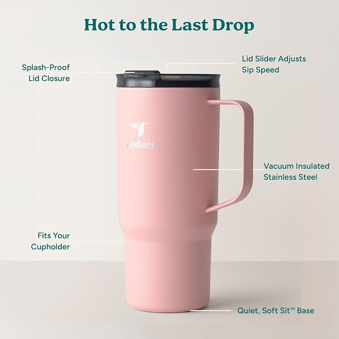 REDUCE 24 oz Hot1 Vacuum Insulated Mug for Hot Tea, Coffee and Other Hot Drinks - With Flo-Motion Lid and Handle, Single-Serve and Cupholder Friendly, Keeps Drinks Hot for up to 8 Hrs, Pink Salt - Image 4