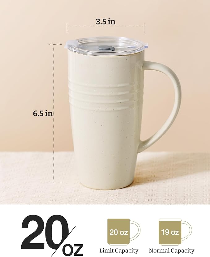 famiware Jupiter Large Coffee Mug, 20oz Coffee Mug with Lid, Ceramic Mugs Set of 2, Cup Set with Handle for Latte, Tea, Cocoa, Milk, Home & Office, Microwave and Dishwasher Safe, Vanilla White - Image 4