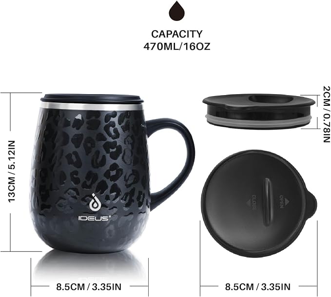 Ideus 16 oz (470 ml) Insulated Coffee Mug with Handle and Lid, Double Wall Stainless Steel Vacuum Thermal Coffee Mug, Travel Coffee Cup Thermal Cup for Home and Office, Leopard Black - Image 5