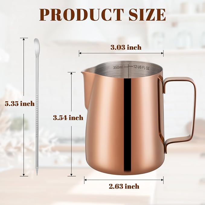 Amrules Milk Frothing Pitcher, 12 oz Milk Frother Cup with Clear Scale, 304 Stainless Steel Cappuccino Espresso Machine Accessories for Barista Coffee Bar with Latte Art Pen, Rose Gold - Image 2