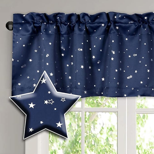 H.VERSAILTEX Blackout Curtain Valances for Kitchen Window/Living Room/Bathroom Privacy Added Rod Pocket Home Decoration Winow Valance, 52" W x 18" L, Glitter Stars in Navy Base by HVERSAILTEX