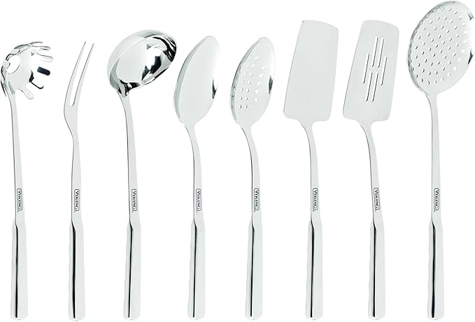 Viking Kitchen Utensils Set, 8 Piece Stainless Steel Cooking Utensil Set, Includes Spatulas, Spoons, Pasta Fork, Deep Ladle, Meat Fork, and Skimmer, Silver by Unknown