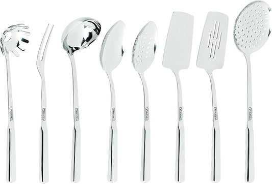 Viking Kitchen Utensils Set, 8 Piece Stainless Steel Cooking Utensil Set, Includes Spatulas, Spoons, Pasta Fork, Deep Ladle, Meat Fork, and Skimmer, Silver by Unknown