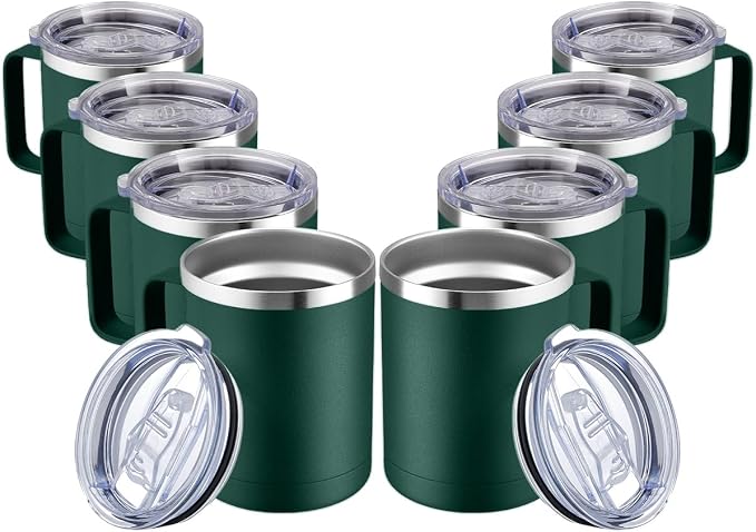 MEWAY 12oz Coffee Mug With Handle and Sliding Lid,Stainless Steel Travel Tumbler Cup with Handle,Double Wall Vacuum Insulated Camping Cup for Hot & Cold Drinks Tea (Forest Green,Set of 8) by MEWAY