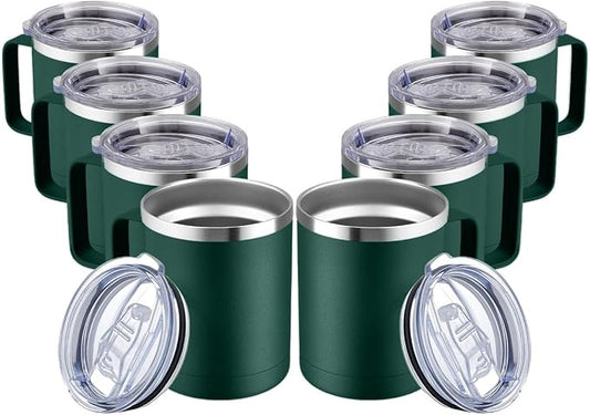 MEWAY 12oz Coffee Mug With Handle and Sliding Lid,Stainless Steel Travel Tumbler Cup with Handle,Double Wall Vacuum Insulated Camping Cup for Hot & Cold Drinks Tea (Forest Green,Set of 8) by MEWAY