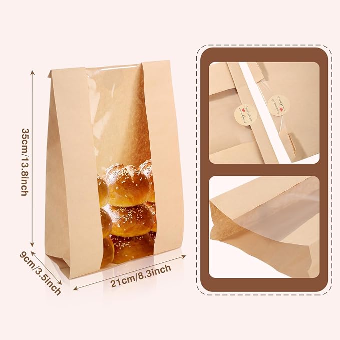 100 Pack Paper Bakery Bread Sourdough Bags with Stickers Bakery Packaging Bags with Window for Homemade Bread - Image 2