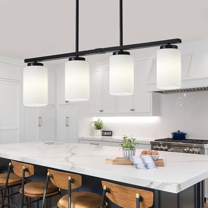 4-Light Kitchen Island Lighting Linear Chandelier Dining Room Light Fixture | 30'' Modern Island Lights for Kitchen, Farmhouse Black Chandeliers Over Table White Frosted Glass Shade, Adjustable Height by YUEMZSChandelierforLiving