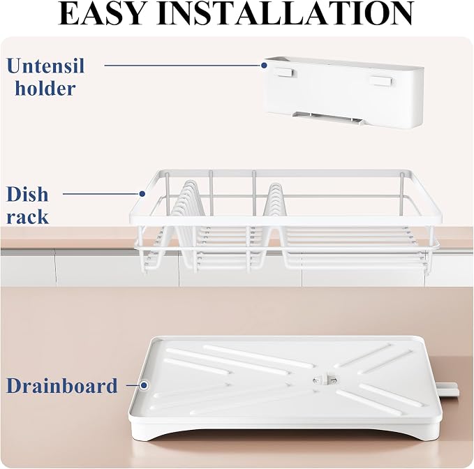 SNTD Dish Drying Rack for Kitchen Counter, 11.8" W x 16.7" L, White | Rustproof Stainless Steel, Large Capacity, Self-Draining Drainboard, Rotating Spout, Removable Utensil Holder - Image 6