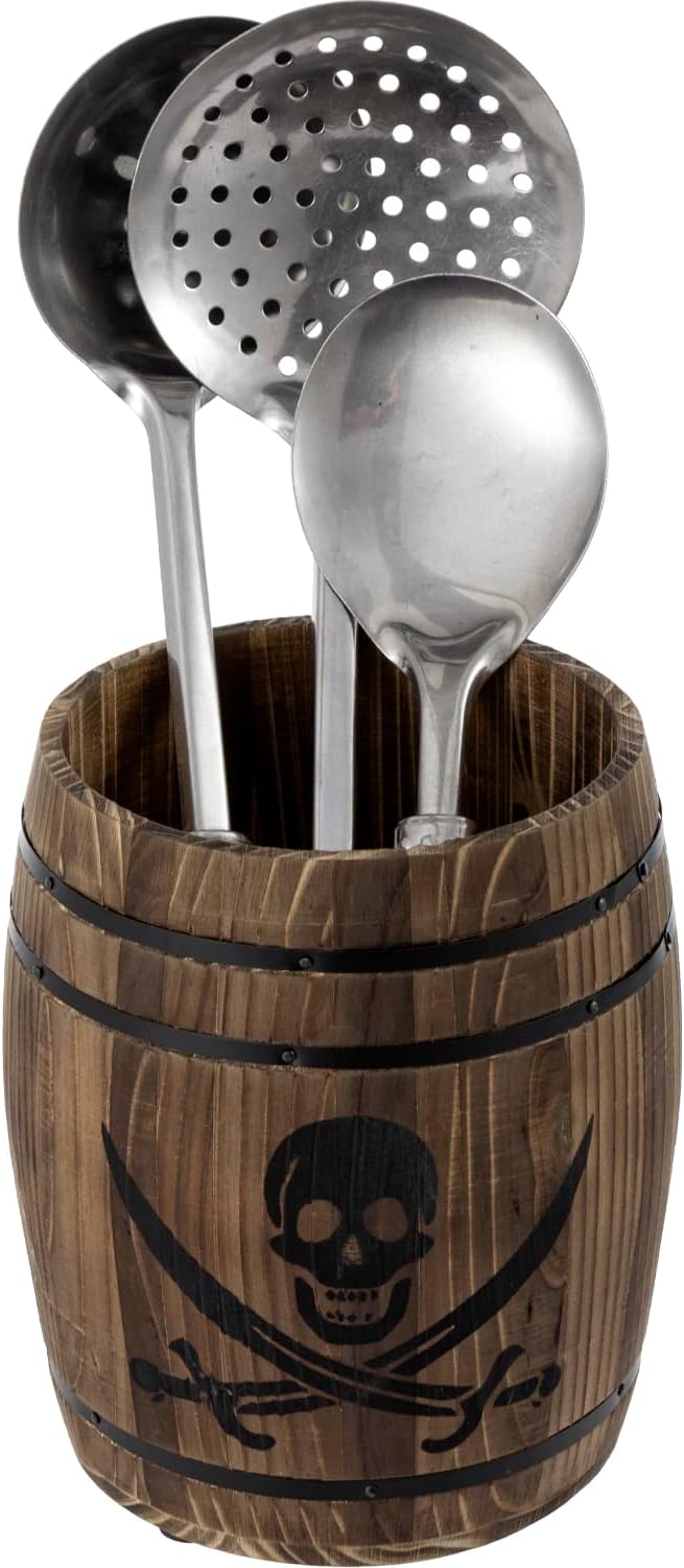 MyGift Pirate Rum Cask Utensil Crock, Rustic Burnt Wood Kitchen Holder | Bring pirate-inspired charm to the kitchen with a rustic burnt wood rum cask utensil crock featuring a skull and cutlass by MyGiftHome
