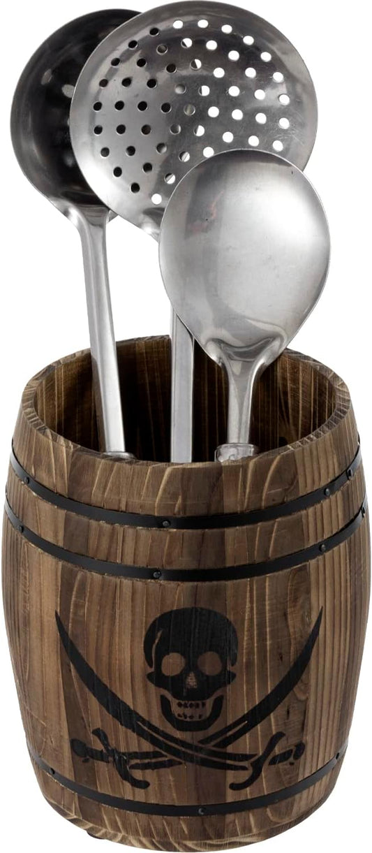 MyGift Pirate Rum Cask Utensil Crock, Rustic Burnt Wood Kitchen Holder | Bring pirate-inspired charm to the kitchen with a rustic burnt wood rum cask utensil crock featuring a skull and cutlass by MyGiftHome