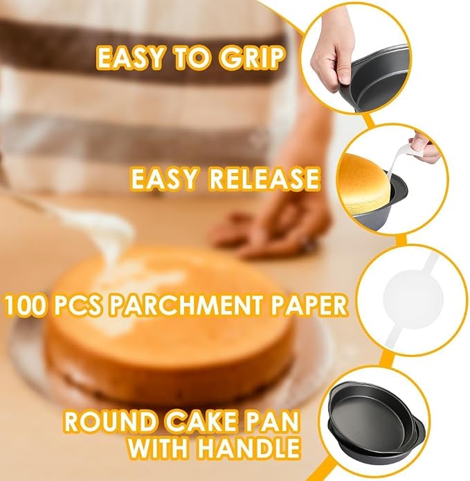 8 Inch Cake Pan, 3PCS Carbon Steel Round Cake Pans with 100 PCS Parchment Paper, Nonstick Cake Tins Flan Mold with Handle, Non-toxic & Healthy, Dishwasher Safe - Image 4