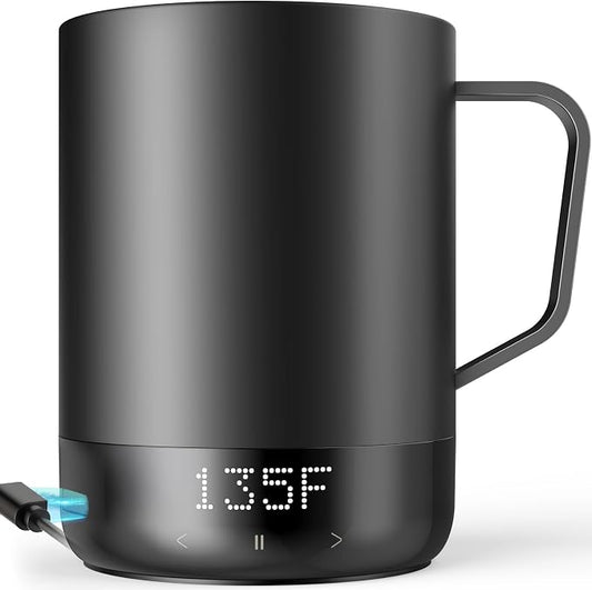14oz Smart Heated Mug, Rechargeable Self-Heating Coffee Mug with 10 Temp Settings, Keeps Coffee Hot for Hours, No App Required, LED Display & Memory Function for Home Office, Coffee Tea Lover (Black) by Unknown