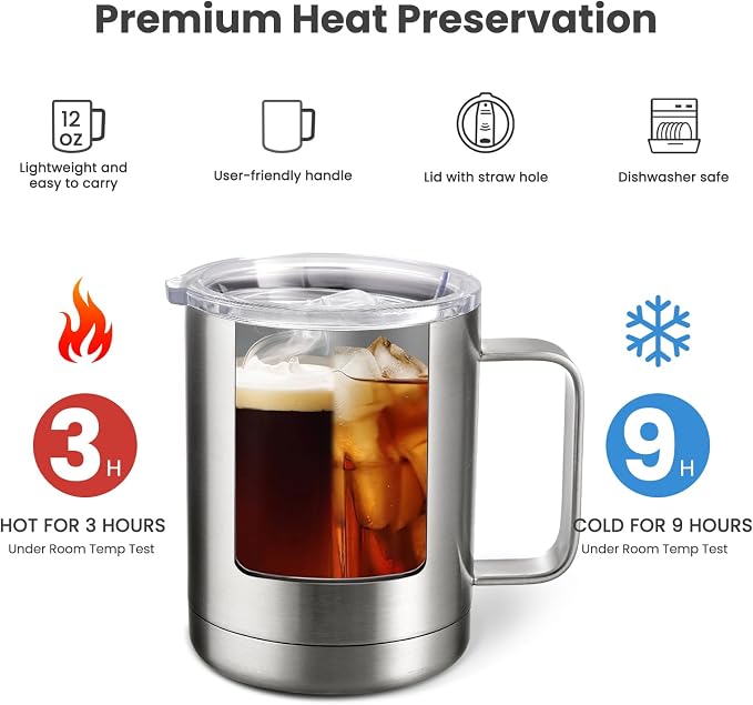 MEWAY 12oz Coffee Mug With Handle 4 Pack Bulk,Stainless Steel Insulated Travel Tumblers With Sliding Lid,Double Wall Vacuum Camping Cup for Hot & Cold Drinks Tea (Sliver,Set of 4) - Image 3