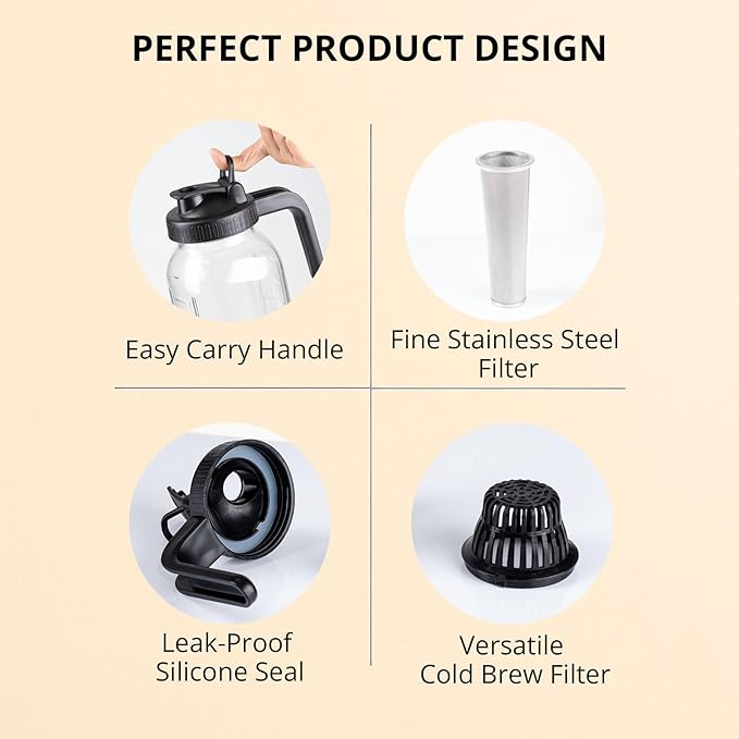JBHO Cold Brew Coffee Maker 64OZ Marson Jars Wide Mouth Glass Picther Spout Lid with Stainless Steel Filter,Leakproof Maker for Iced Tea,Espresso,Lemonade-Black