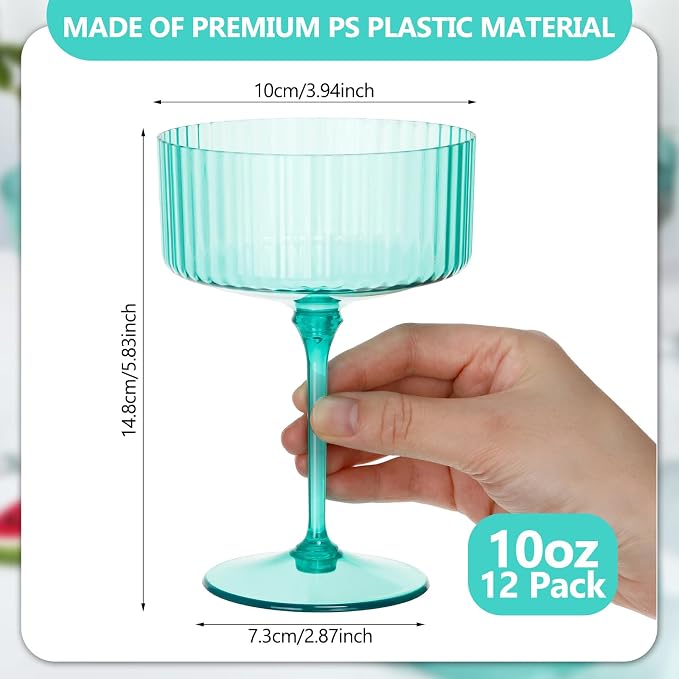 Jingmore 12 Pcs Ribbed Martini Glasses 10 oz Disposable Plastic Vintage Ribbed Coupe Glasses Unbreakable Dessert Parfait Glassware for Wedding Birthday Party Supplies (Light Green) - Image 2