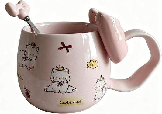 DTIUYIOP-Cute Pink Cat Ceramic Coffee Mug with 3D Bow & Bow Spoon, Kawaii Kitty Animal Tea Cup, Large Curved Handle Milk Cup, Lovely Gift for Girls Women Birthday Christmas by Unknown