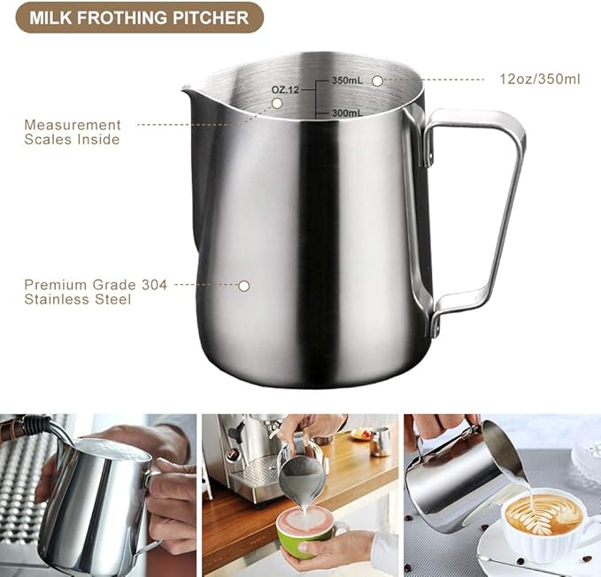 Milk Frother Handheld Art Set - with Milk Frother Pitcher, Powder Cocoa Shaker, Latte Art Pen, Coffee Stencils, Coffee Spoons